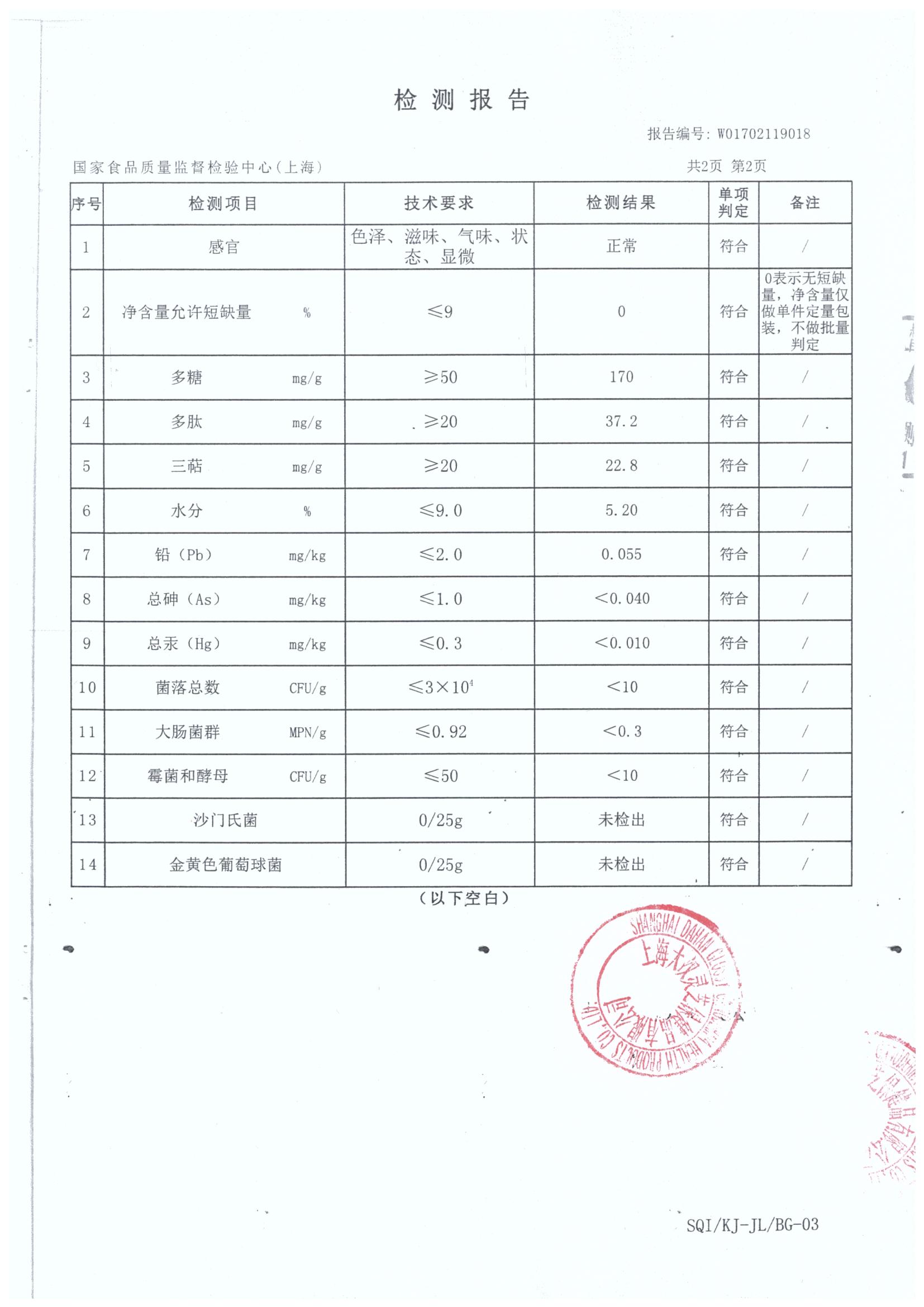 菇新大汉牌灵芝破壁孢子冲剂产品检测报告