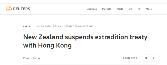 新西兰宣布暂停与香港引渡条约